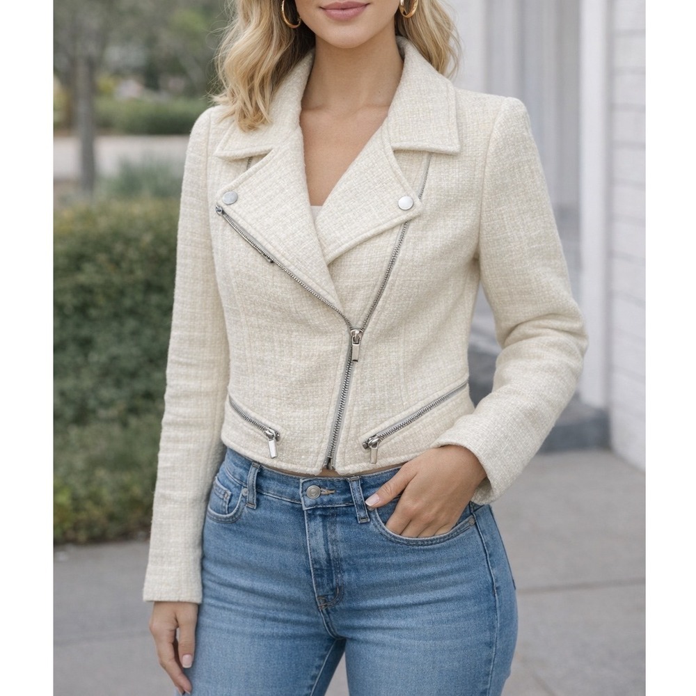 Tweed Moto Jacket Women Large Cream Excellent Asymmetrical Zip Blazer Size L